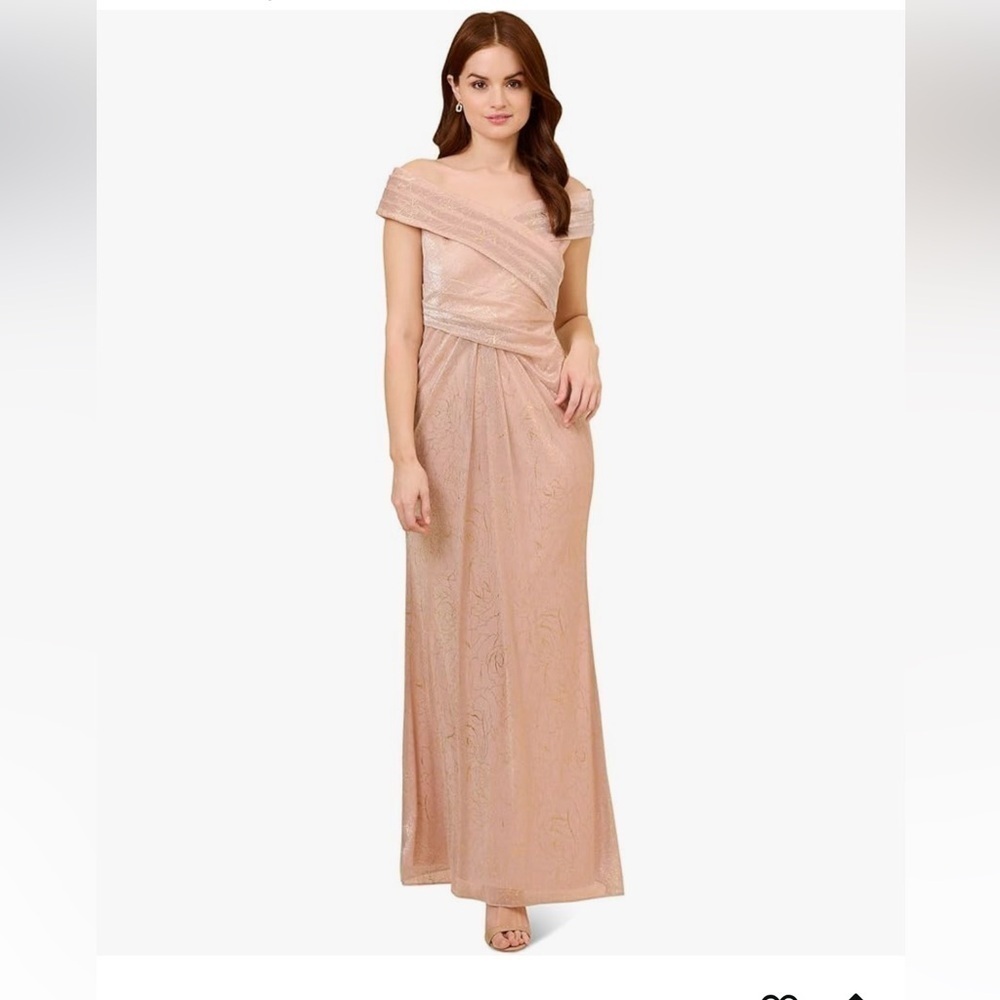 Adrianna Papell Off-The-Shoulder Metallic Stencil